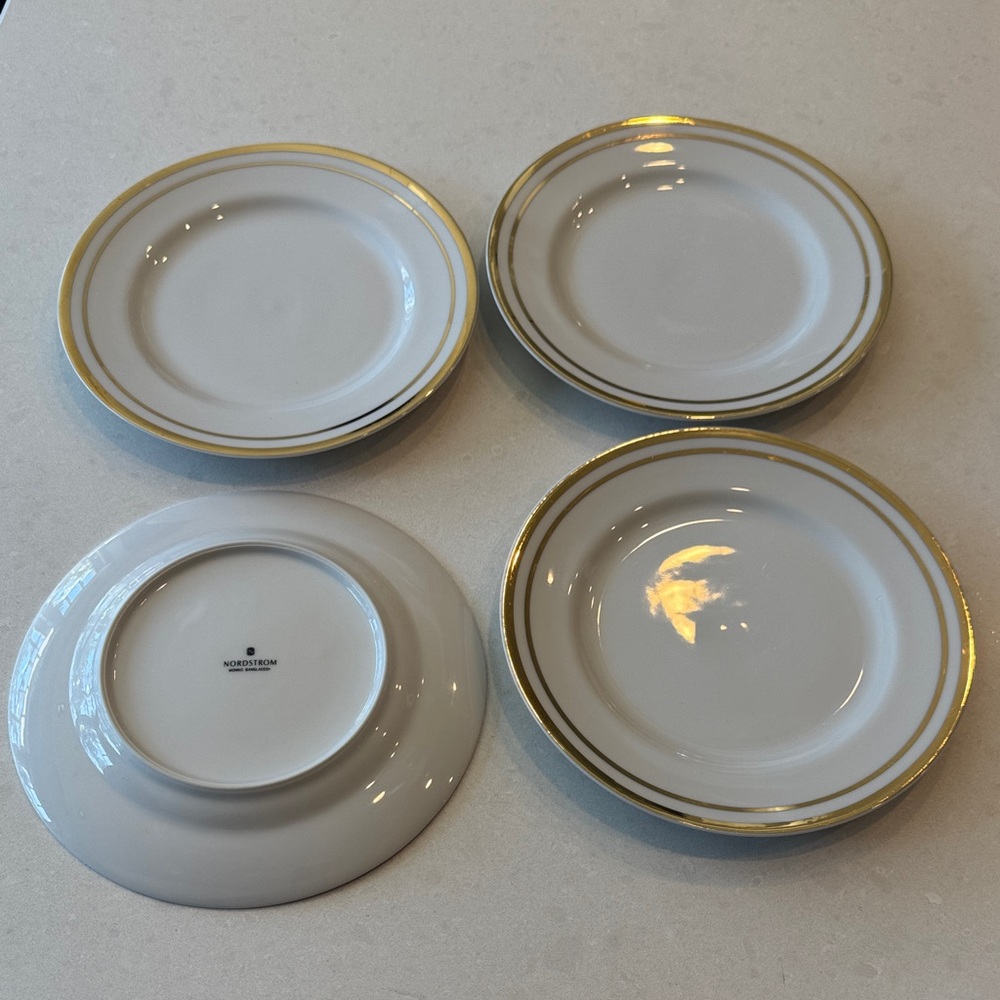 Nordstrom White Dinnerware  salad 7.5 Plates with Gold Rim - Set of 4